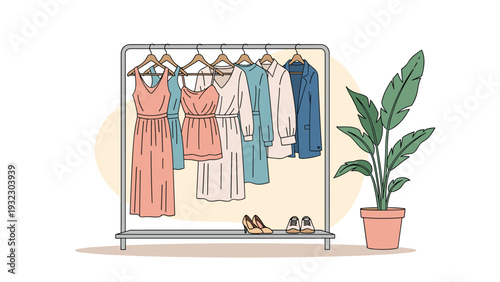 Stylish clothing rack filled with a variety of colorful dresses and a blazer next to a potted plant against a warm abstract background.