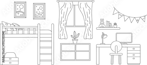 Children bedroom interior loft bed desk decor flat vector illustration