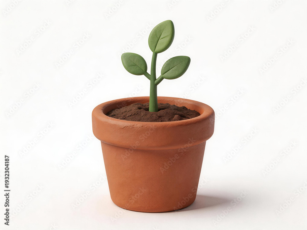 Fototapeta premium A small green plant is growing in a brown clay pot against a plain white background.