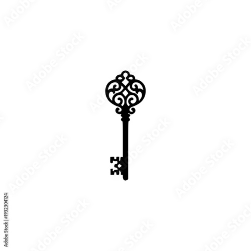 Ornate vintage skeleton key illustration, antique decorative key with swirl pattern handle for secret lock or mystery vector.