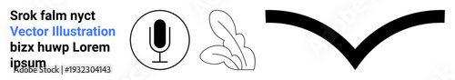 Audio technology, nature-inspired design, communication, media production, modern art, and directional elements concept. Microphone, abstract leaves and arrow designs. Audio technology