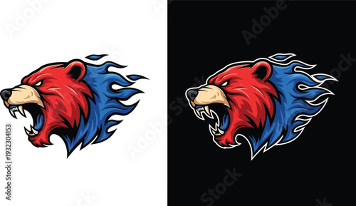 Fierce red and blue flaming bear head mascot logo design on white and black backgrounds, symbolizing power and aggression.