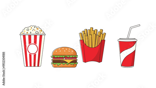 Collection of classic fast food treats including a bucket of popcorn, a cheeseburger, french fries, and a large soda with a straw for a movie night.