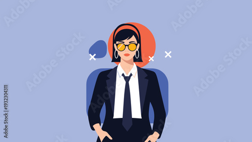 Fashionable businesswoman wearing a formal suit and sunglasses standing against a blue background, symbolizing confidence and modern style.