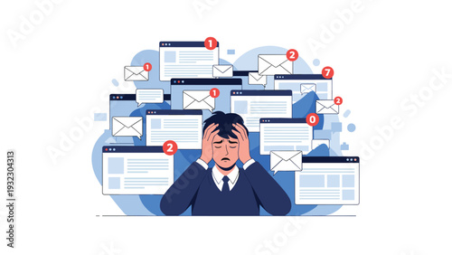 Overwhelmed businessman holding his head in stress surrounded by numerous email notifications and windows, depicting digital overload at work.