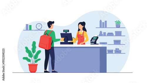 Young man with a red backpack paying for items at a checkout counter with a female cashier in a retail store, showing daily shopping activities.