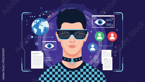 Man wearing futuristic high-tech glasses with a digital interface overlay featuring eye scans and data, representing virtual reality technology.