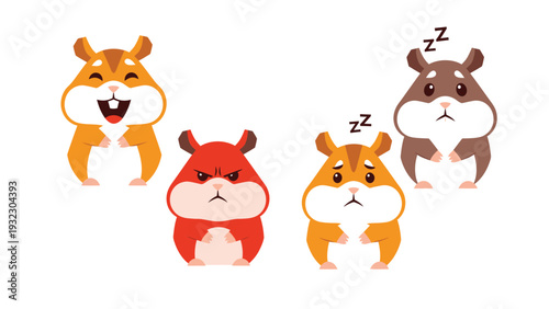 Cute cartoon hamsters expressing diverse emotions: happy, angry, sad, and sleepy on a white background.