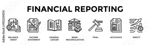 Financial Reporting Banner Web Icon Set Collection Pack Vector Illustration Concept For Balance Sheet, Income Statement, General Ledger, Bank Reconciliation, Trial, Accounts, Profit