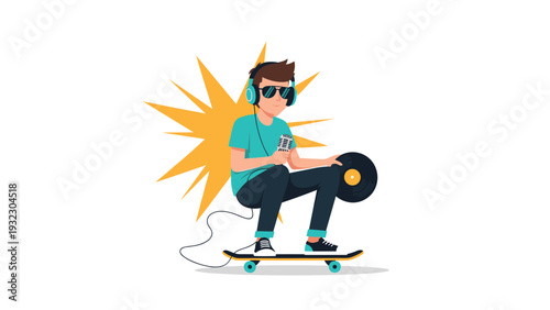Cool young man wearing headphones and sunglasses sitting on a skateboard while holding a vinyl record and microphone, depicting urban music.