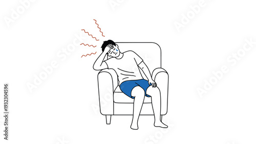 Tired man sitting in a comfortable armchair holding his head in pain, symbolizing a severe headache, migraine, or exhaustion after a long day.