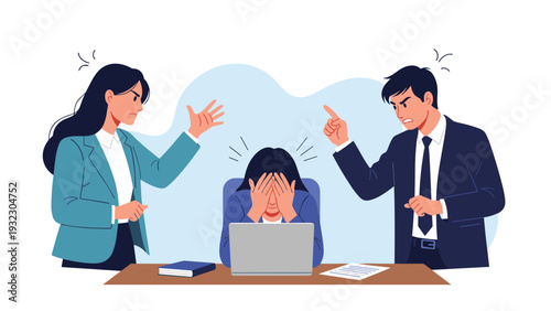 Two angry bosses shouting and pointing fingers at a stressed female employee sitting at her desk, showing workplace bullying and pressure.