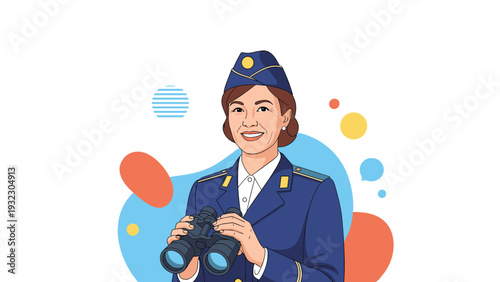 Smiling woman in a blue aviation uniform holding binoculars against an abstract background, symbolizing vision and exploration in travel.