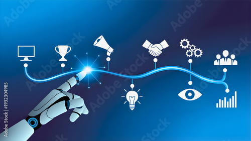 Wallpaper Mural Robotic hand interacting with a digital interface displaying icons representing business, technology, and growth concepts on a blue gradient background Torontodigital.ca