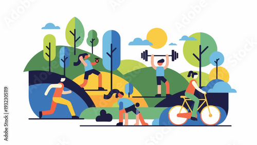 Illustration of people exercising in a park, engaging in various fitness activities