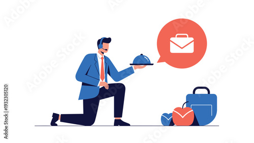 Delivery courier kneeling and holding a food tray with a cloche next to a backpack and apple, symbolizing modern food delivery services.