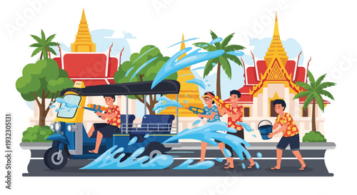 Illustration of people having fun with water guns near temples and a vehicle