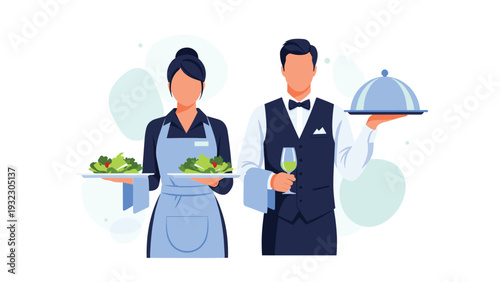 Professional waiter and waitress in uniform holding a cloche and salad plates, representing high-quality service in the hospitality industry.