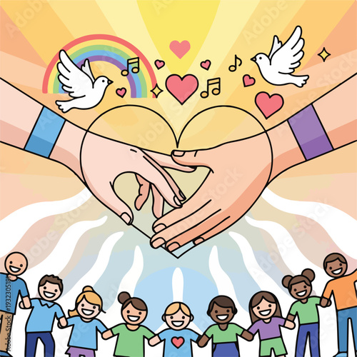 Illustration of people holding hands, a heart, and doves