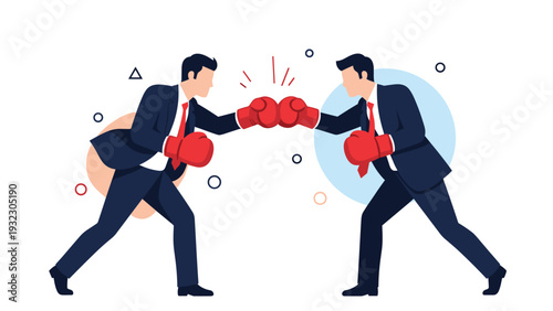 Two businessmen in suits wearing red boxing gloves fighting each other, depicting fierce competition and rivalry in the corporate world.