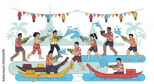 Illustration of people joyfully celebrating a water festival with water guns and boats
