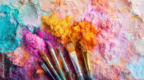 Vibrant colors and paint brushes on the surface for creative activities