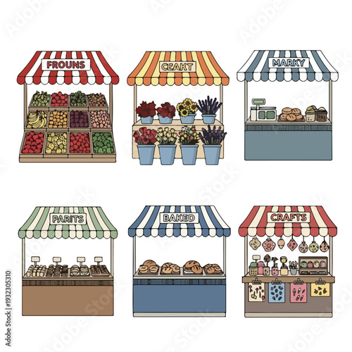 Illustration of several market stalls selling produce, flowers, and baked goods