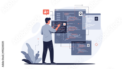 Software developer standing and interacting with multiple screens of computer code and digital windows, representing web development work.