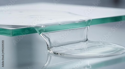 Macro shot of a clear, viscous liquid gracefully adhering and flowing between two pristine glass surfaces, highlighting its transparent properties and the science of cohesion