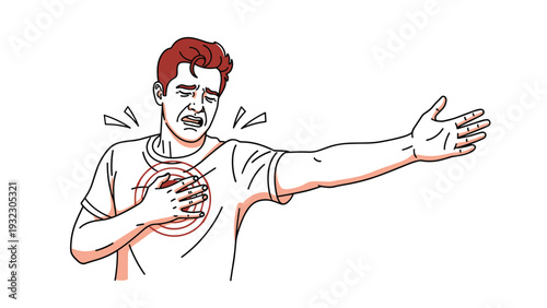 Man clutching his chest in pain with an outstretched arm, illustrating symptoms of a heart attack, stress, or severe cardiac health problem.