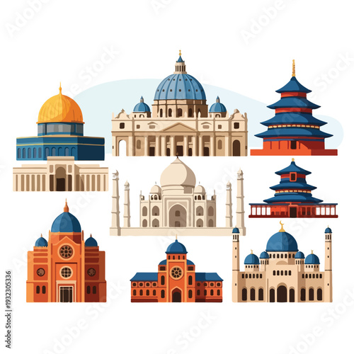 Illustration of several iconic architectural landmarks from around the world