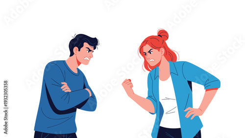Young man and woman standing and shouting at each other with angry expressions, depicting a relationship conflict, argument, or domestic fight.