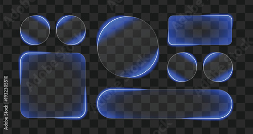 Liquid glass icon interface isolated on transparent background. Blue glass buttons light frame circle banner with glow stroke.