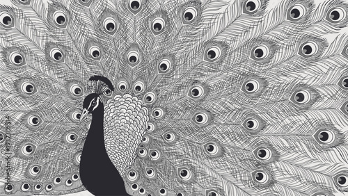 A black and white illustration of a peacock with its vibrant tail feathers spread out behind it in a detailed, monochromatic design.