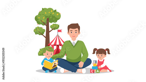 A father reads a book to his son while his daughter plays with blocks outdoors in a park with a tent.
