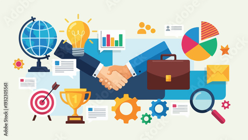 Illustration with handshake, globe, charts, targets, gears and other icons
