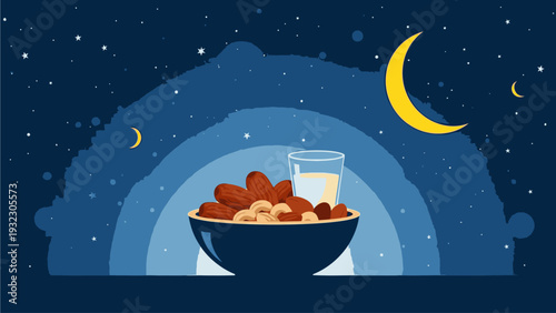 Illustration of a bowl of cereal with milk on a windowsill at night with a crescent moon and stars outside.