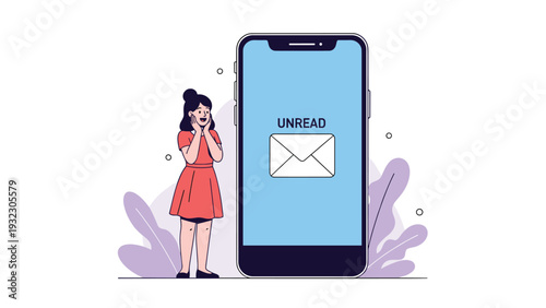 Excited young woman standing next to a giant smartphone displaying an unread email notification, symbolizing good news and communication.