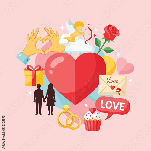 Illustration with heart, couple, cupcake, rings, and Cupid on pastel background