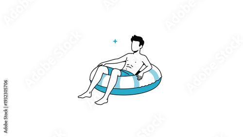Relaxed man wearing swim trunks rests peacefully while floating on a blue and white striped inflatable ring in clear water.