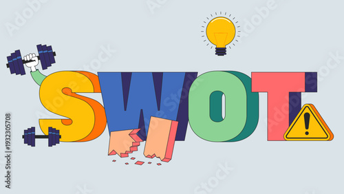 SWOT business and marketing strategy concept with big letter flat design style with icon of strength, weakness, opportunity, threat