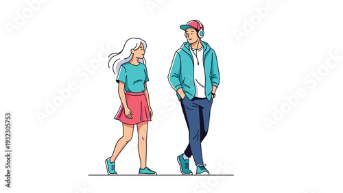 Young couple walks together while engaged in a casual conversation against a clean white background in a simple illustration style.