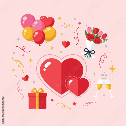 Illustration with red hearts, flowers, balloons, and other festive details