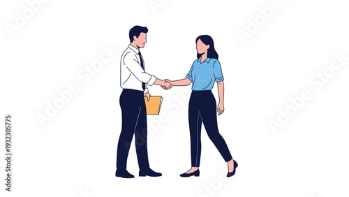 Professional businessman and businesswoman shake hands to seal a deal or agreement in a clean minimalist vector illustration.
