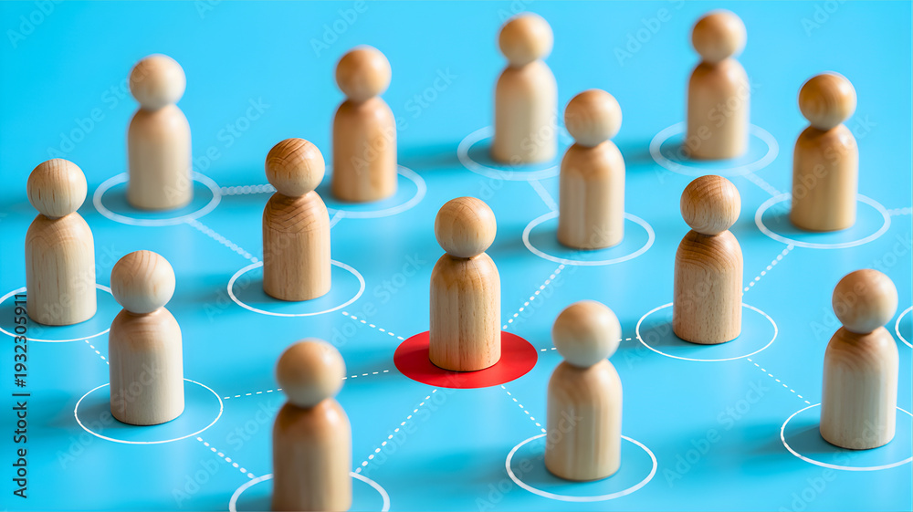Obraz premium Visualizing a unique individual within a network of identical figures, highlighting distinction in a connected system