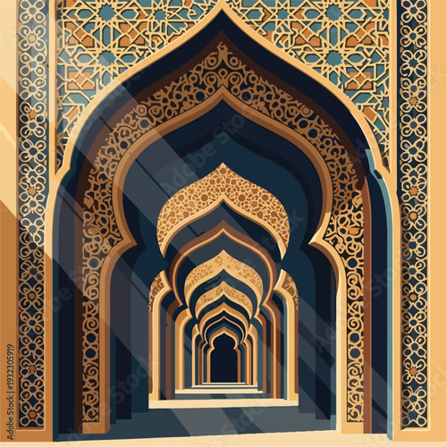 Intricate illustration of an arched hallway, decorated with geometric designs