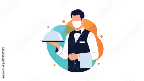 Professional waiter wearing a face mask and bow tie serves a covered silver platter against a colorful abstract circular background.