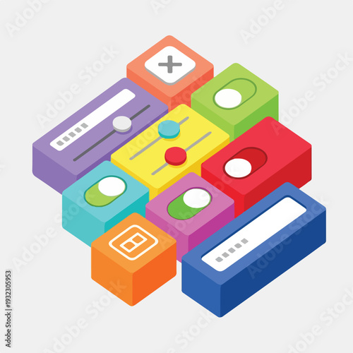 Isometric, colorful blocks with interactive elements such as sliders and switches