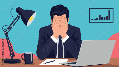 Overwhelmed businessman sits at his office desk with his face in his hands while struggling with high stress or work failure.