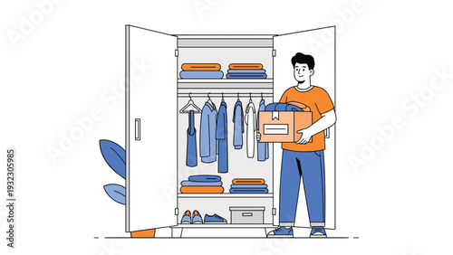 Smiling man organizes his wardrobe by placing a box of clothes onto a shelf inside a neatly packed and tidy wooden closet.